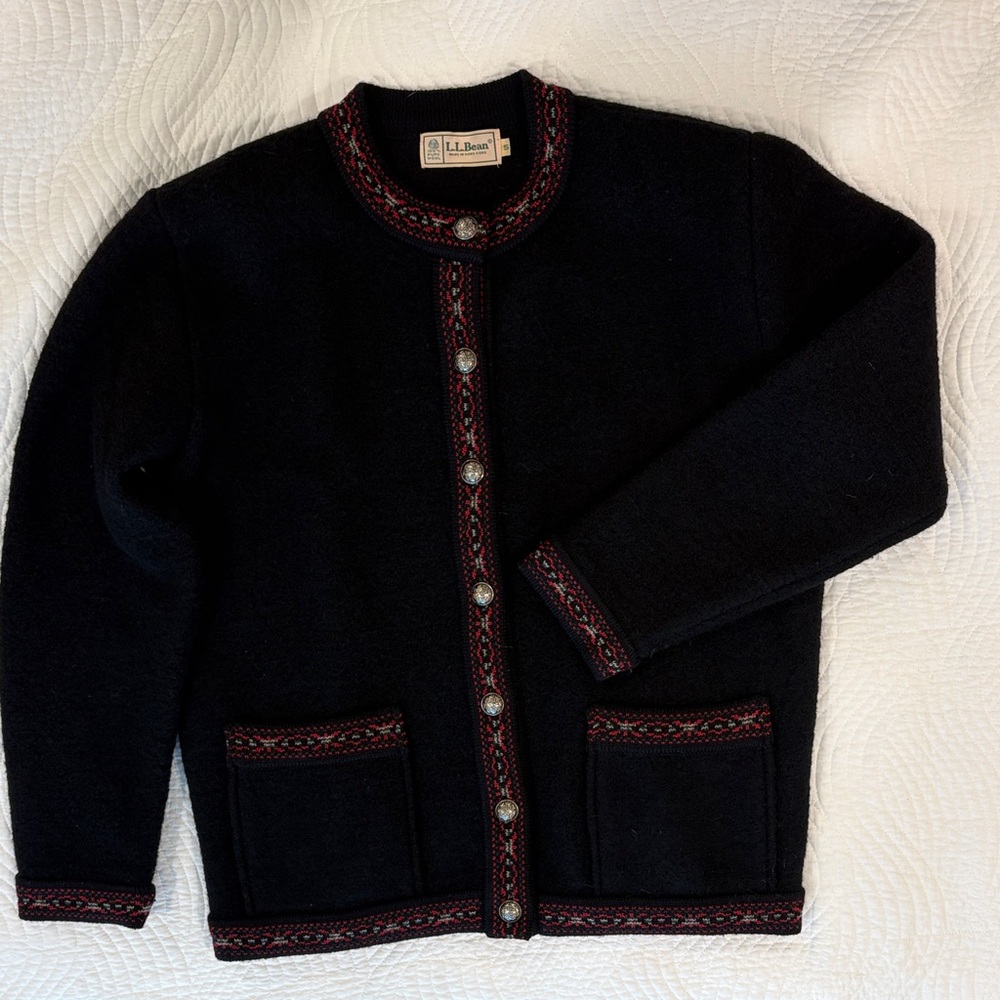 L.L. Bean Vintage Black Wool Cardigan with Red Accents - Picture 2 of 6